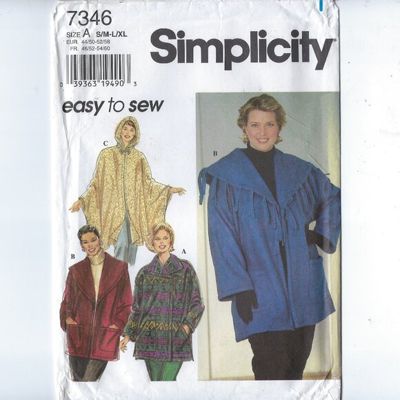 Simplicity Pattern #7346 Easy to Sew Women's Jackets and Poncho - Size A S/M-L/X - Picture 1 of 5